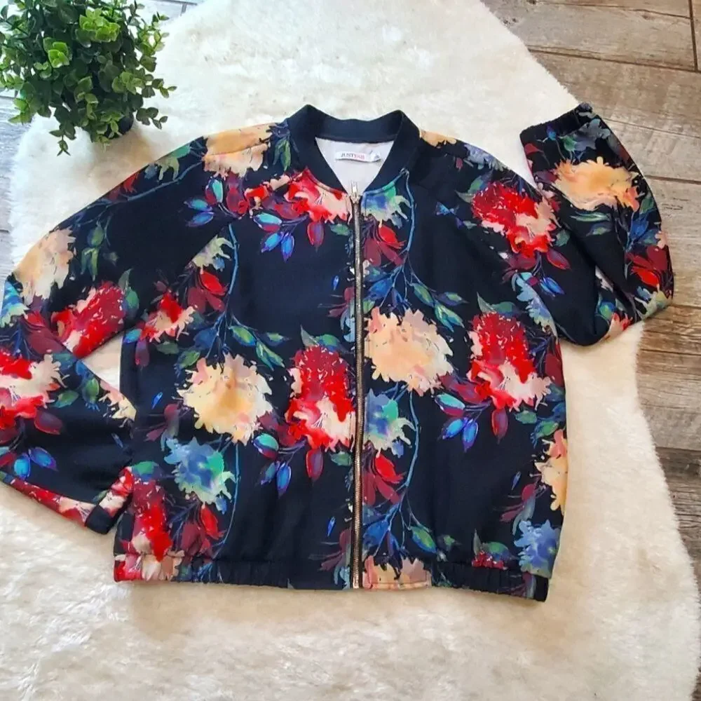 JustFab Black Floral Bomber Jacket, Size Large
